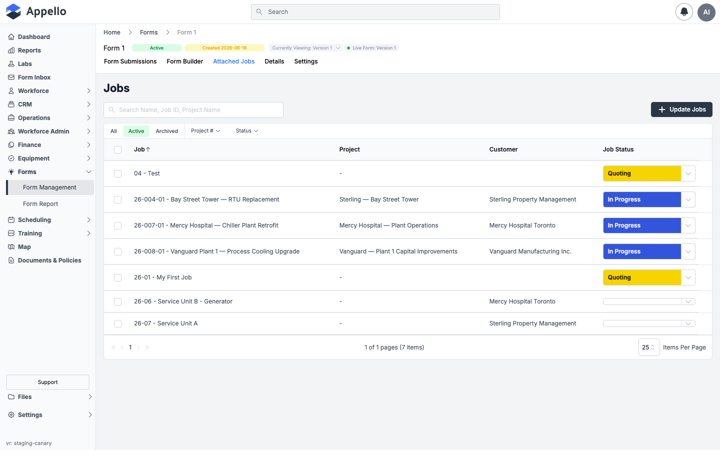 Attached Jobs tab listing seven jobs with Job, Project, Customer, and an inline-editable Job Status column