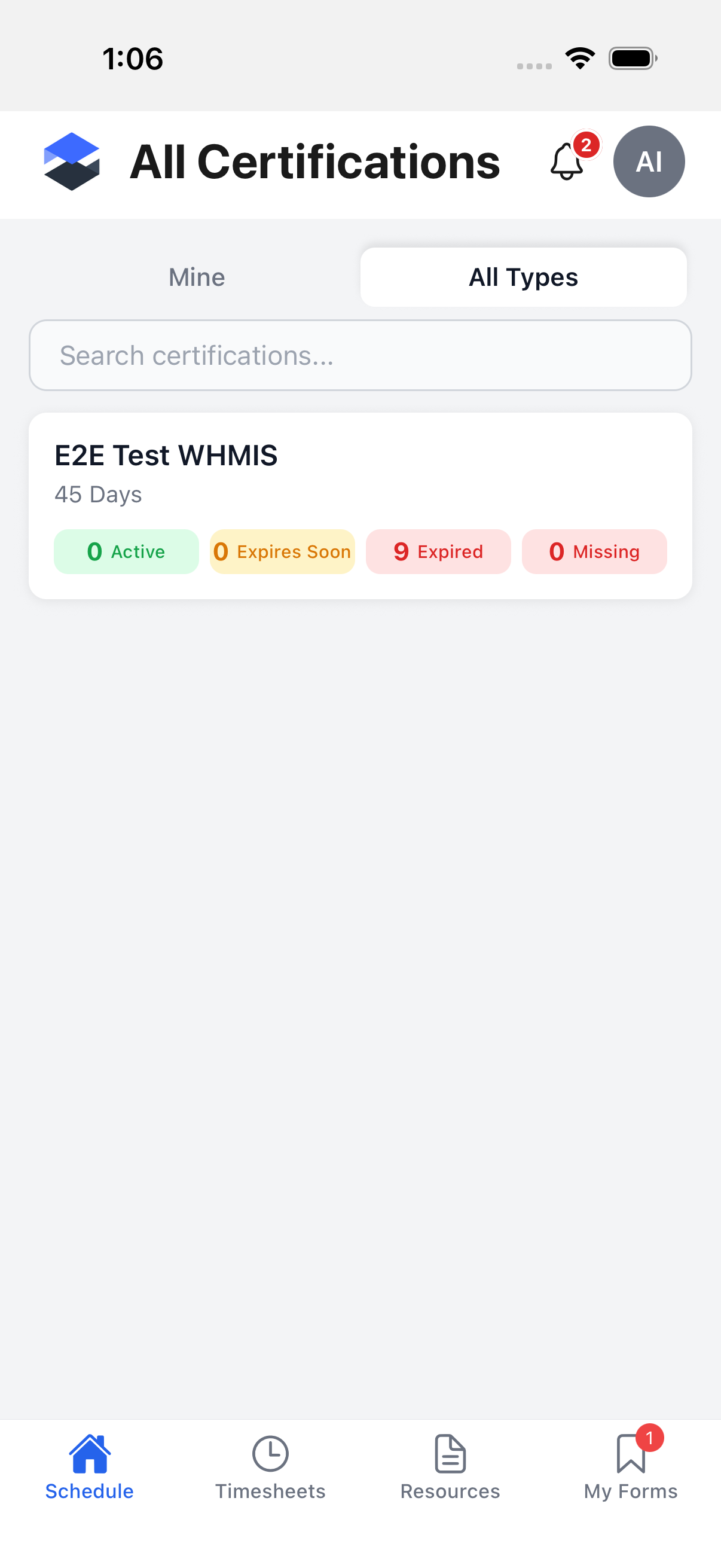 All Certifications list on mobile showing certification types with rolled-up status counts