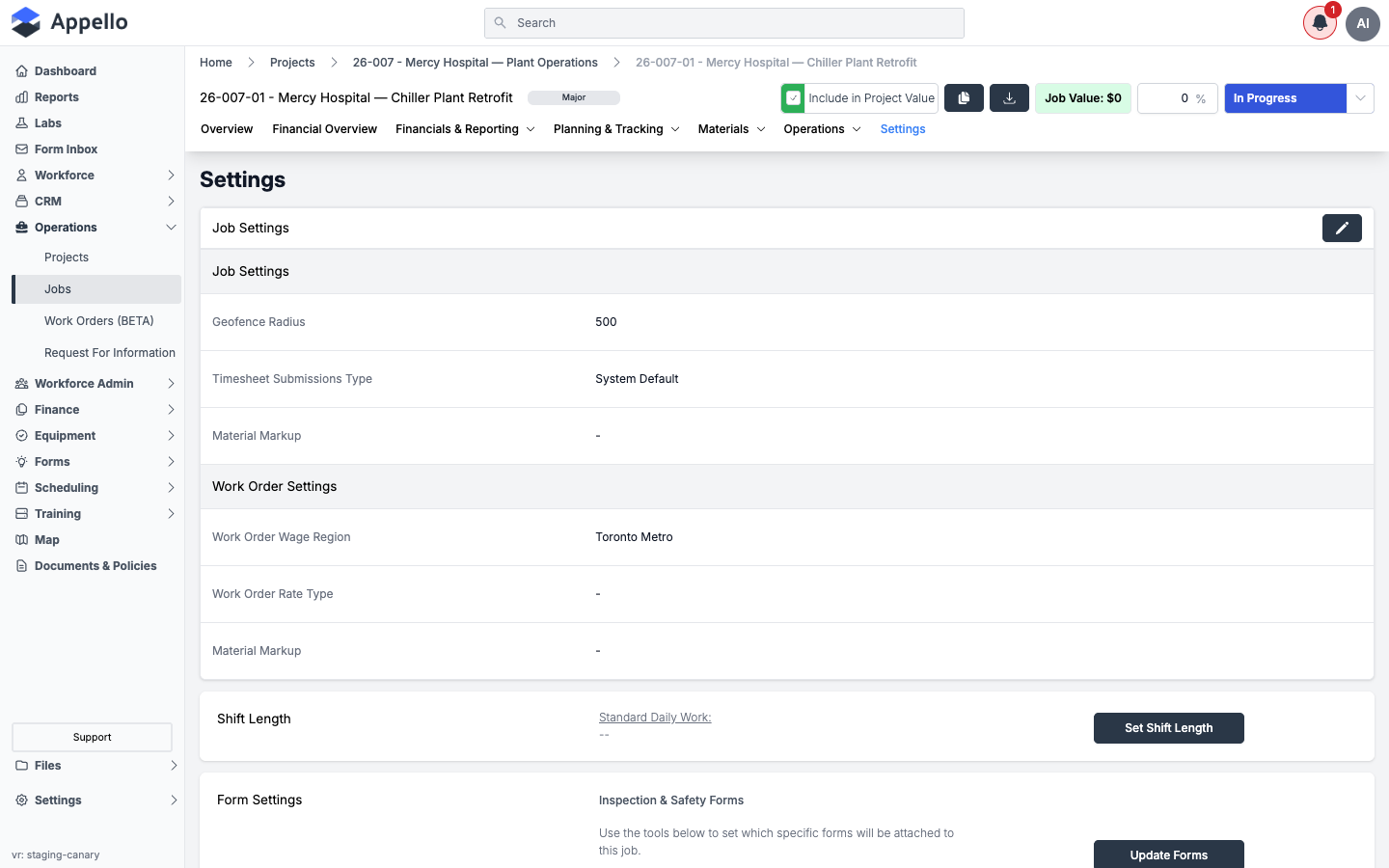 Top of the job's Settings tab, showing the Job Settings card with Geofence Radius, and the Work Order Settings and Shift Length cards below it