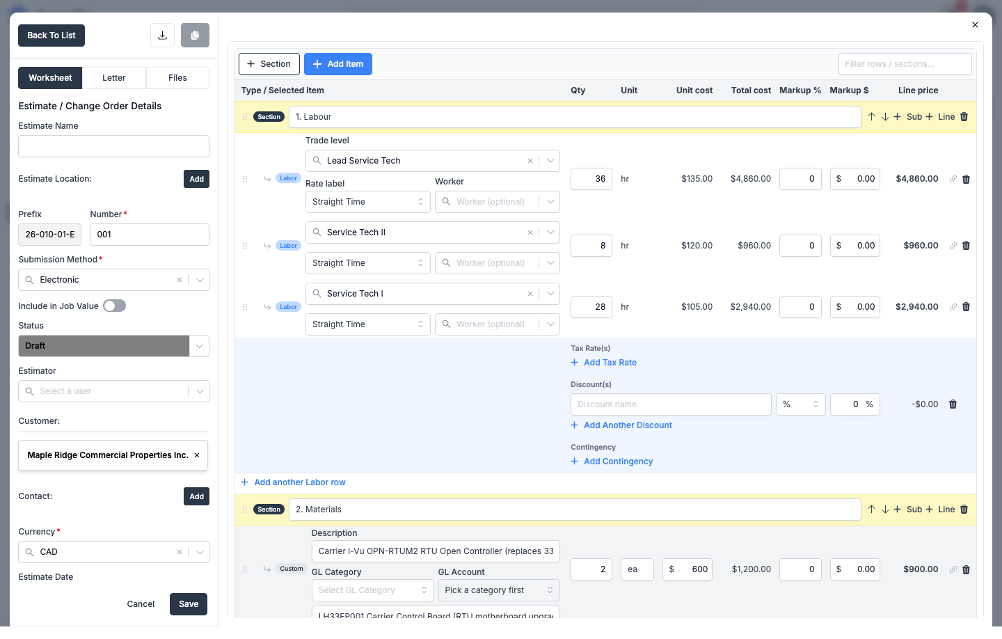 A line with Add Discount expanded, showing the discount name field, percent/dollar toggle, and computed discount amount