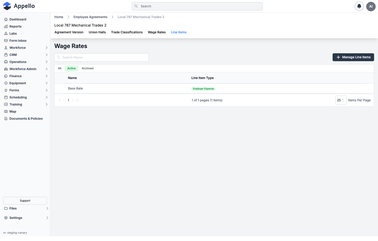 Line Items tab on an employee agreement, listing a Base Rate line item marked as Employer Expense