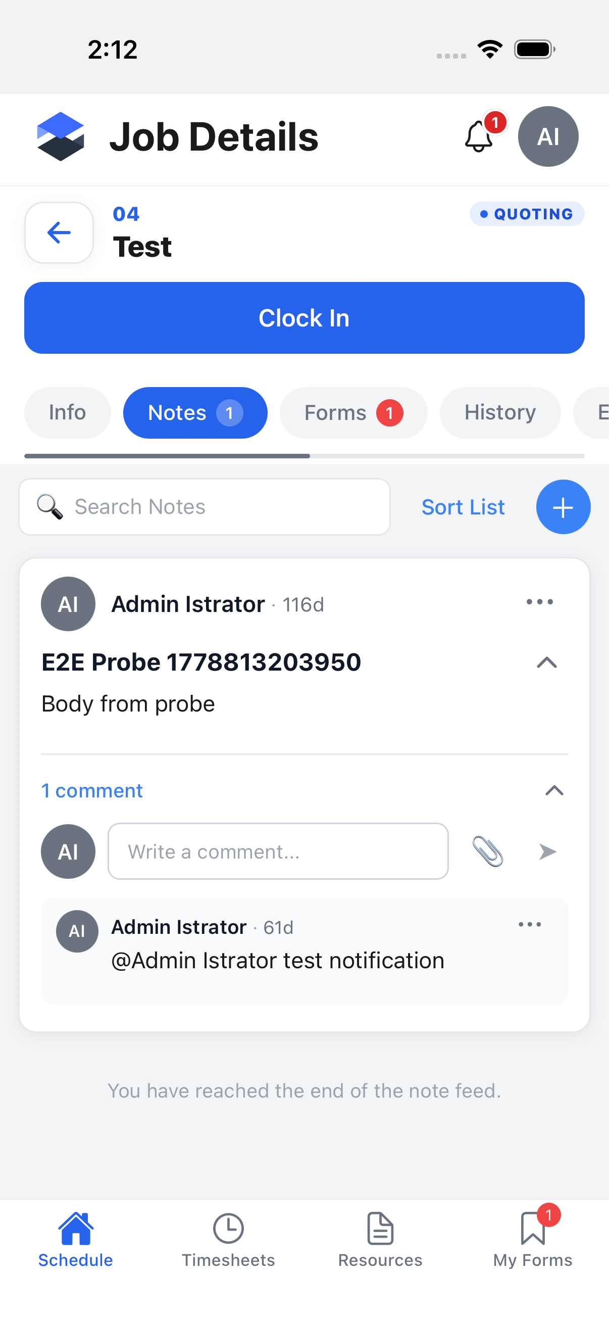 Tapping a "tagged you" notification landed on the job's Notes tab, not a standalone note screen