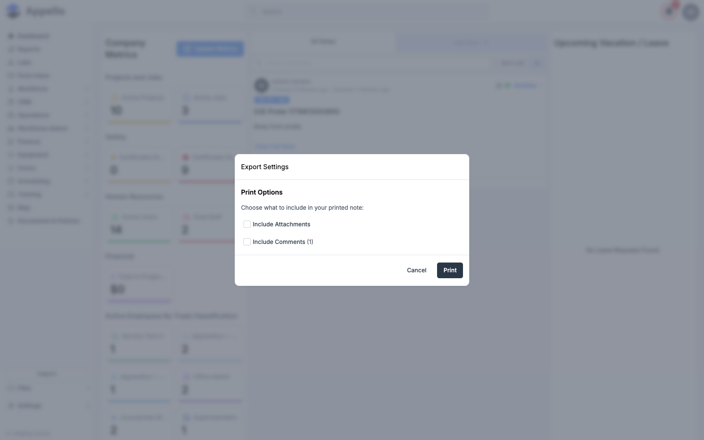 The Export Settings window with Print Options: Include Attachments and Include Comments checkboxes, and Cancel/Print buttons
