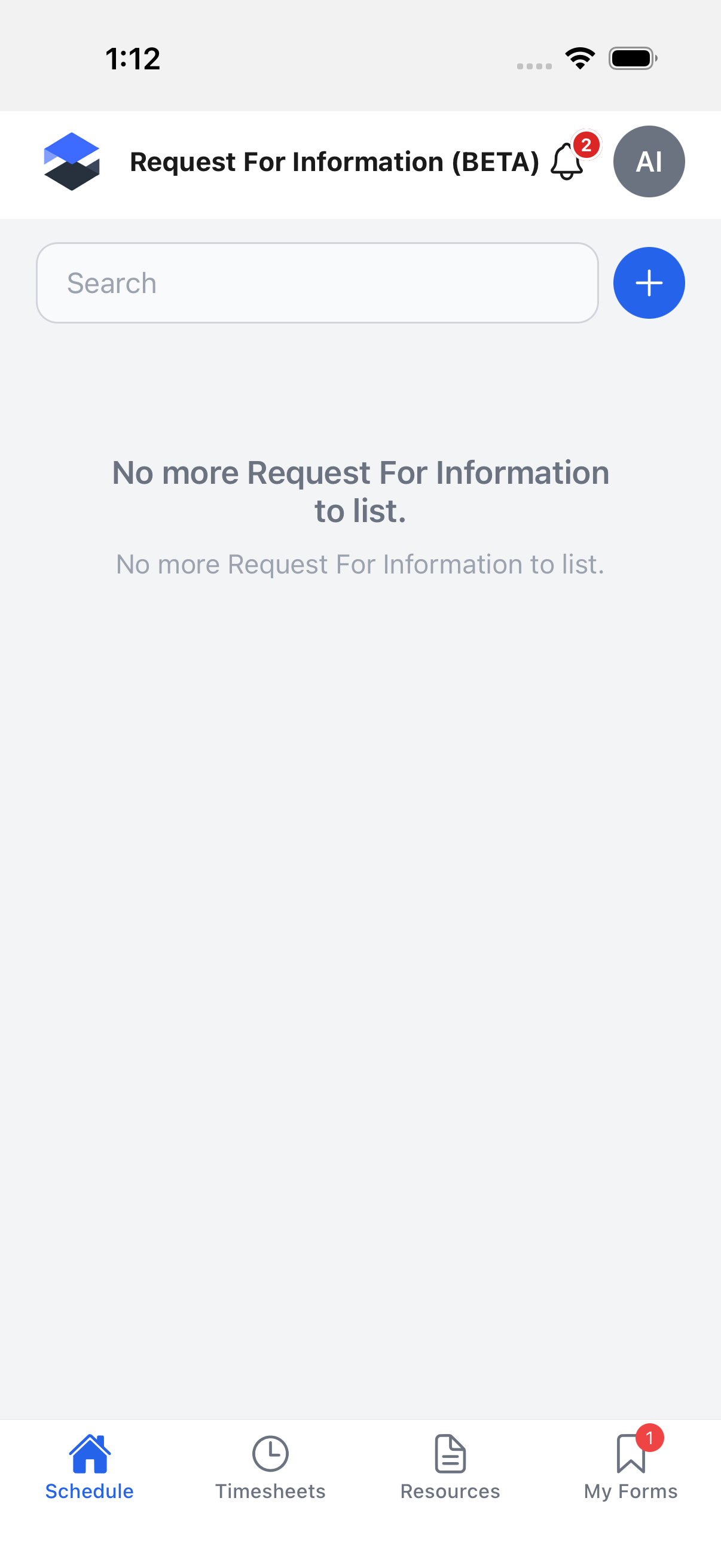 RFIs list, shown empty on the demo instance, with a search field and a create button