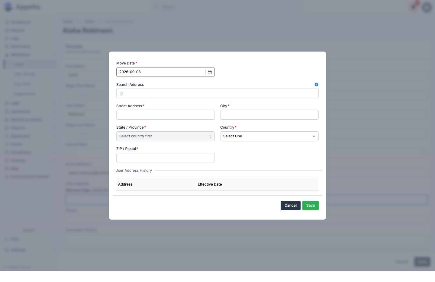 Update Address panel with Move Date, Search Address, Street Address, City, State/Province, Country, ZIP/Postal, and User Address History