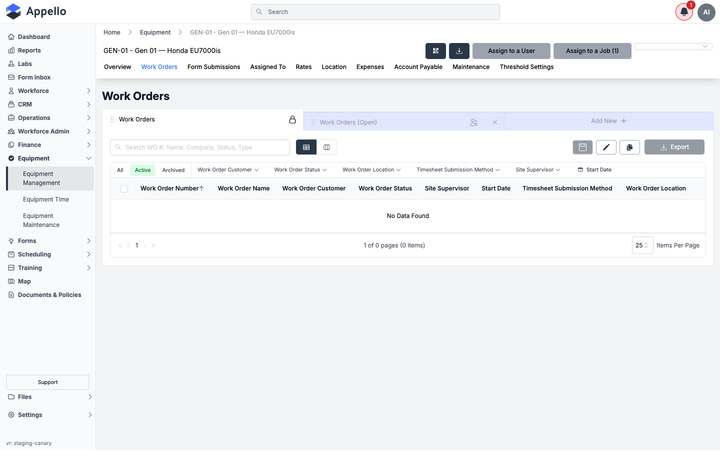 Work Orders tab, shown empty on the demo instance