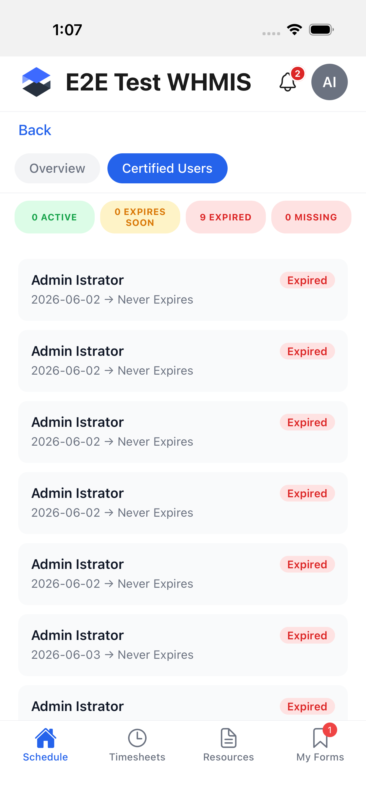 Certification type detail screen, Certified Users tab, listing users and their certification status