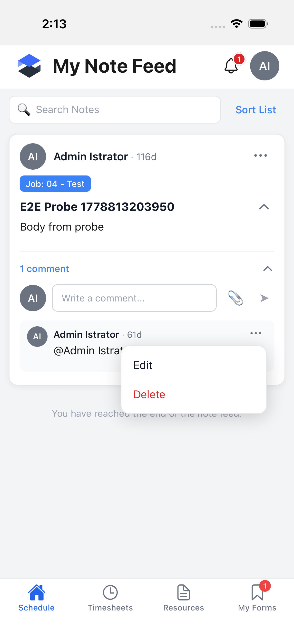 The Comment actions menu open, showing Edit and Delete for a comment this admin authored