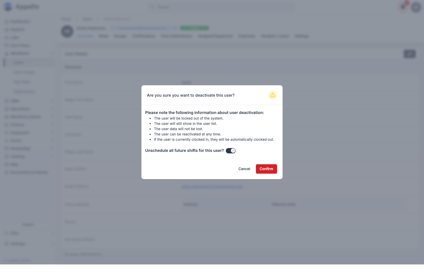 Deactivate confirmation, listing the effects of deactivation and the Unschedule all future shifts toggle