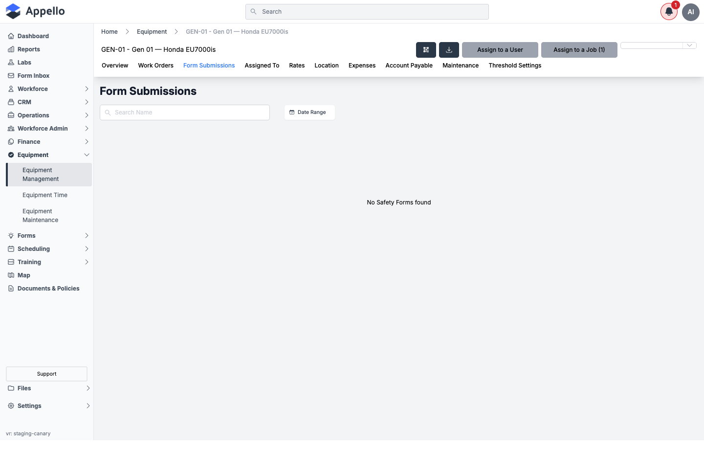 Form Submissions tab, shown empty on the demo instance