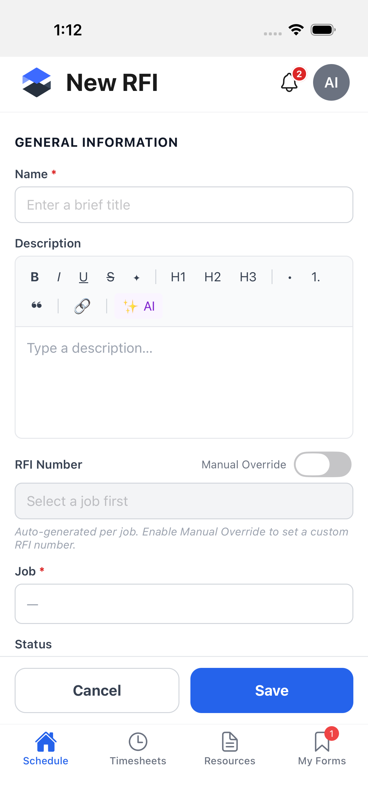 New RFI form showing Name, Description, RFI Number, Job, and Status fields with a Cancel/Save bar