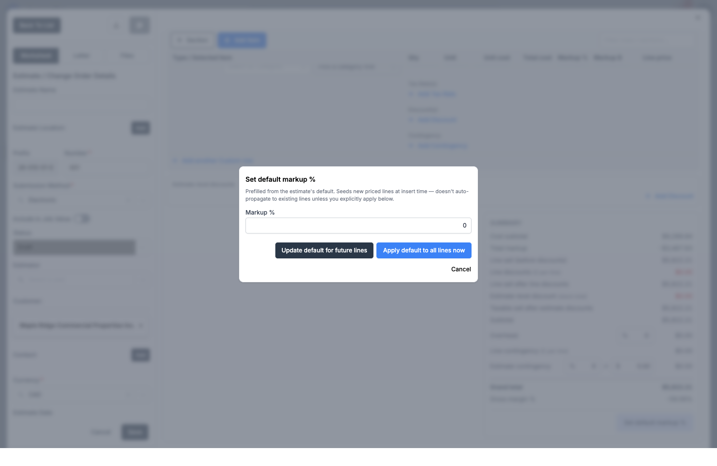Set default markup % modal with a Markup % field and Update default for future lines / Apply default to all lines now buttons