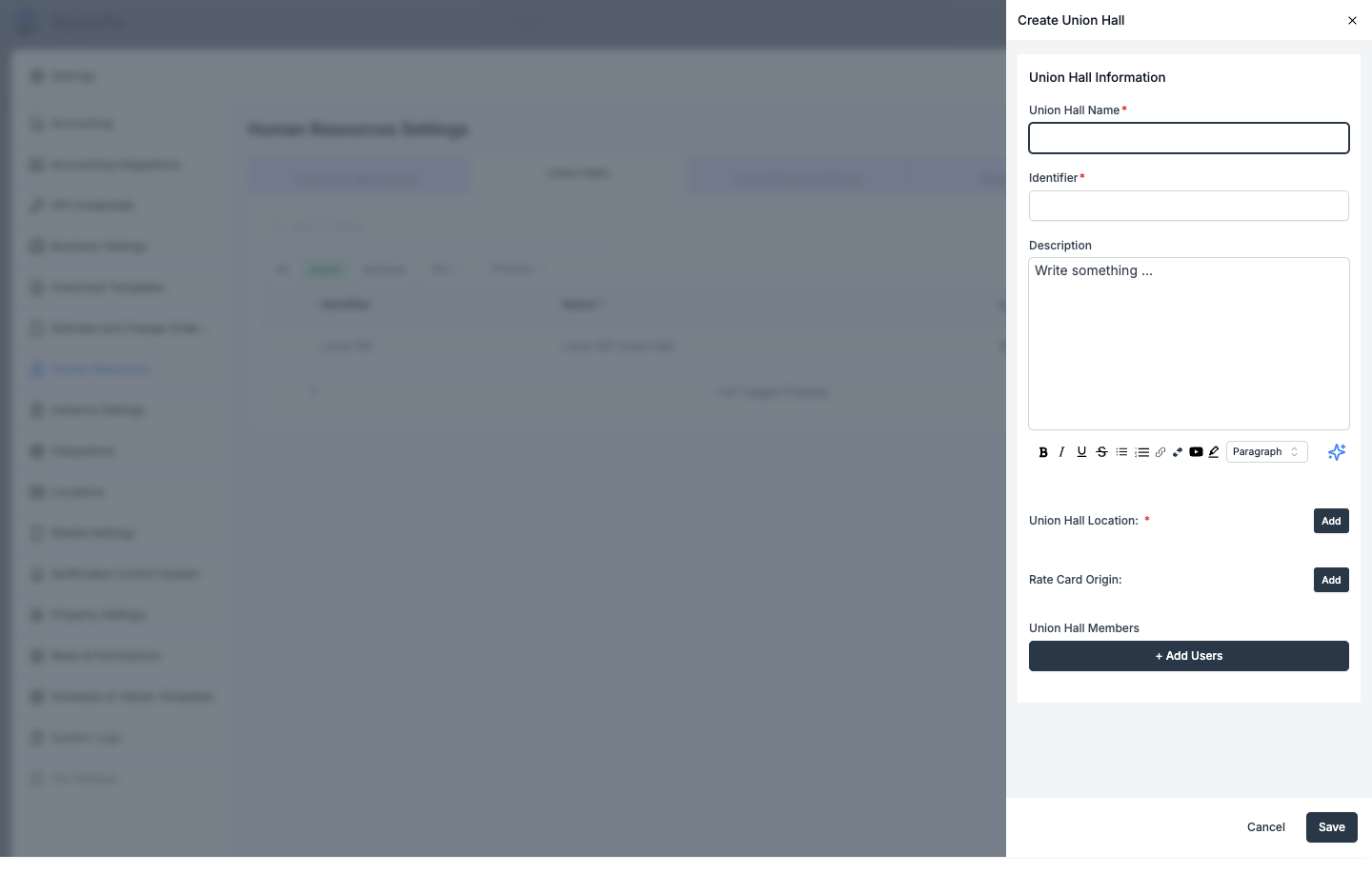 Create Union Hall panel with Name, Identifier, Description, Location, Rate Card Origin, and Members fields