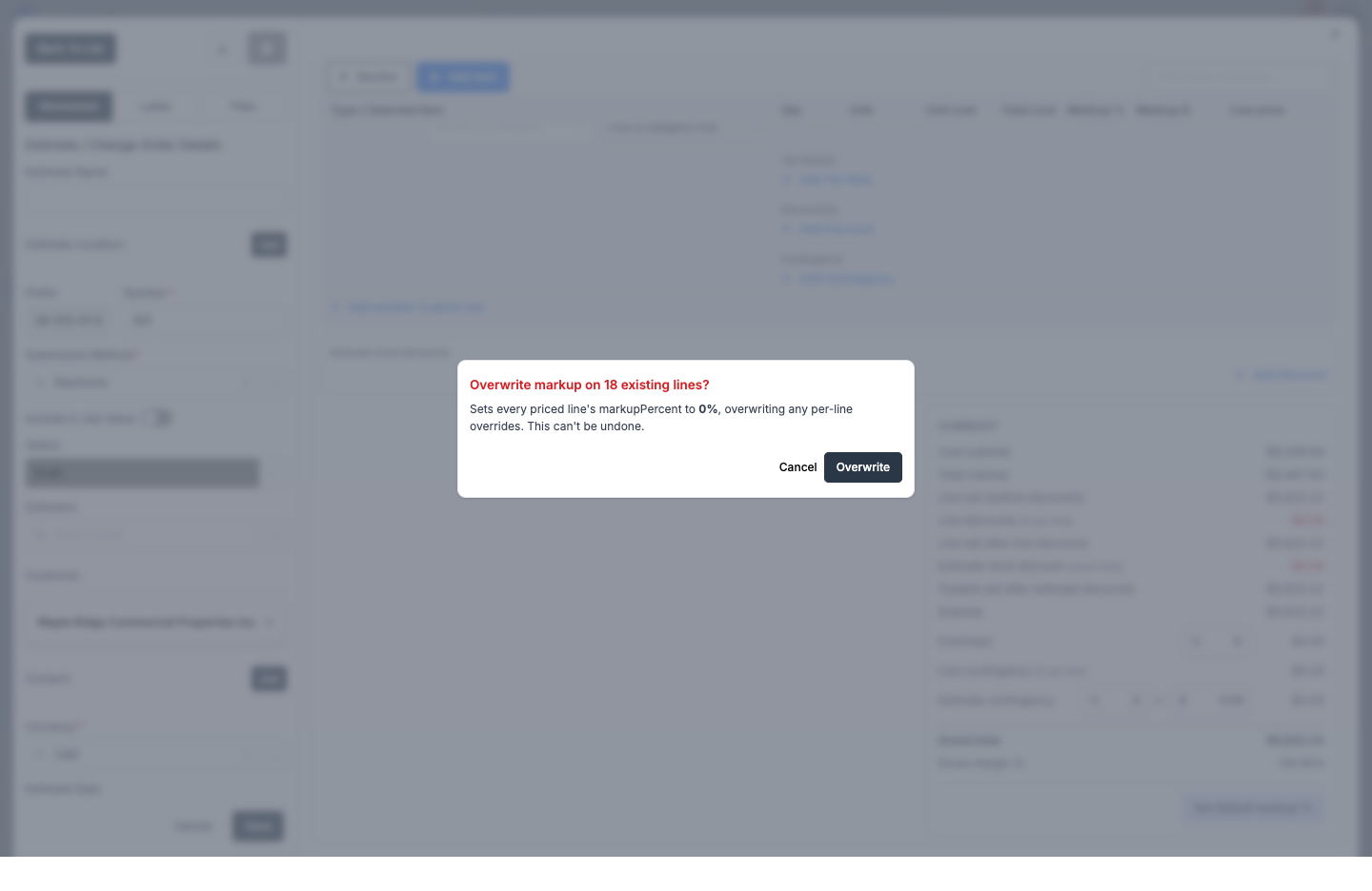 Confirmation modal reading "Overwrite markup on 18 existing lines?" with Cancel and Overwrite buttons