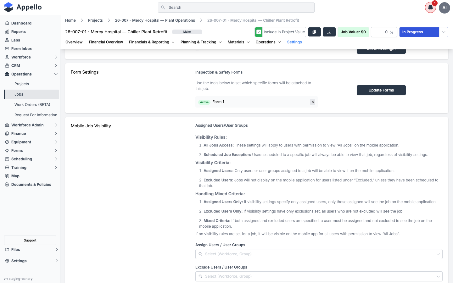 Form Settings card and the Mobile Job Visibility card with its assign/exclude user pickers