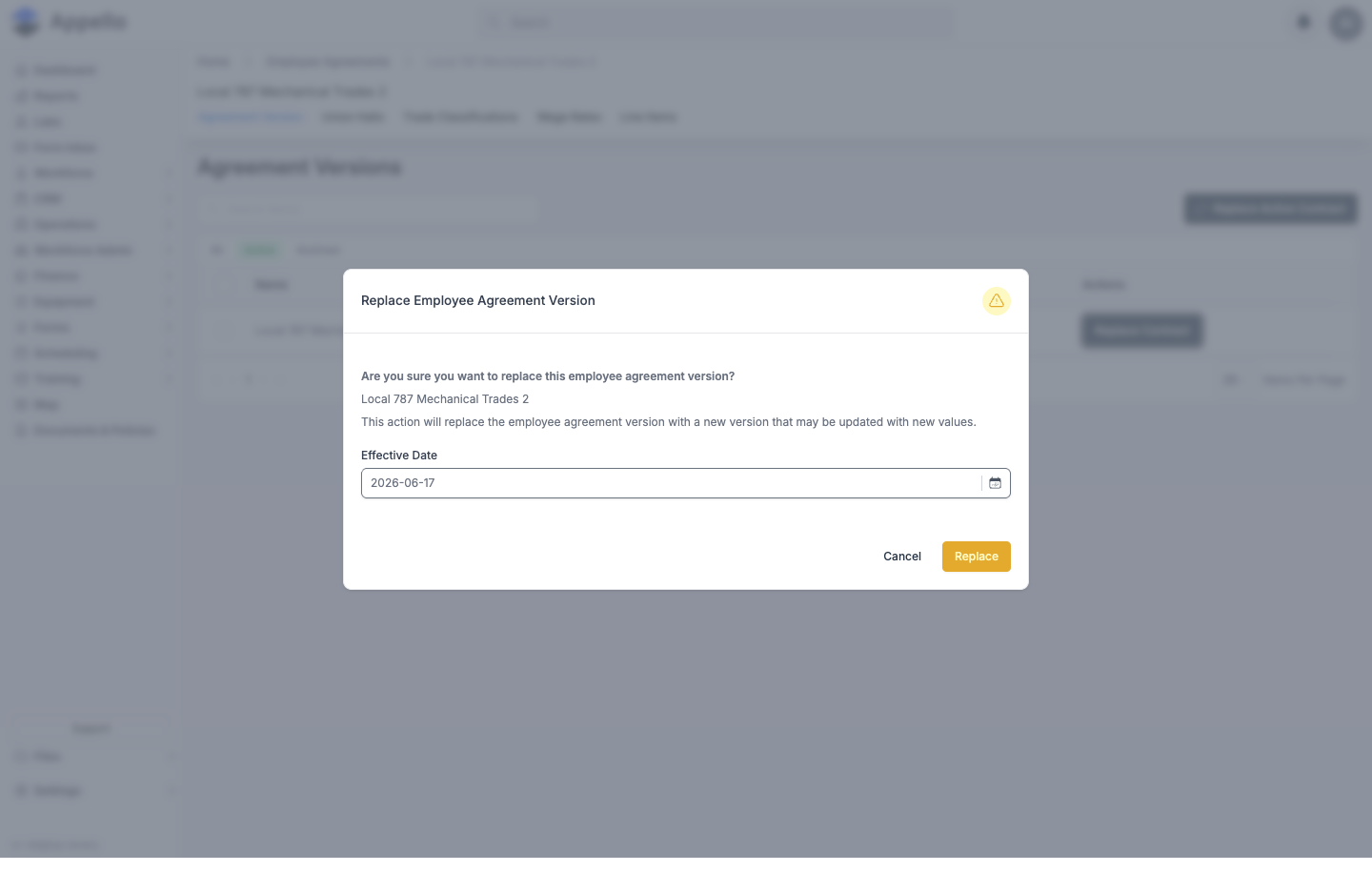Replace Employee Agreement Version confirmation dialog with an Effective Date field defaulted to the day after the current version
