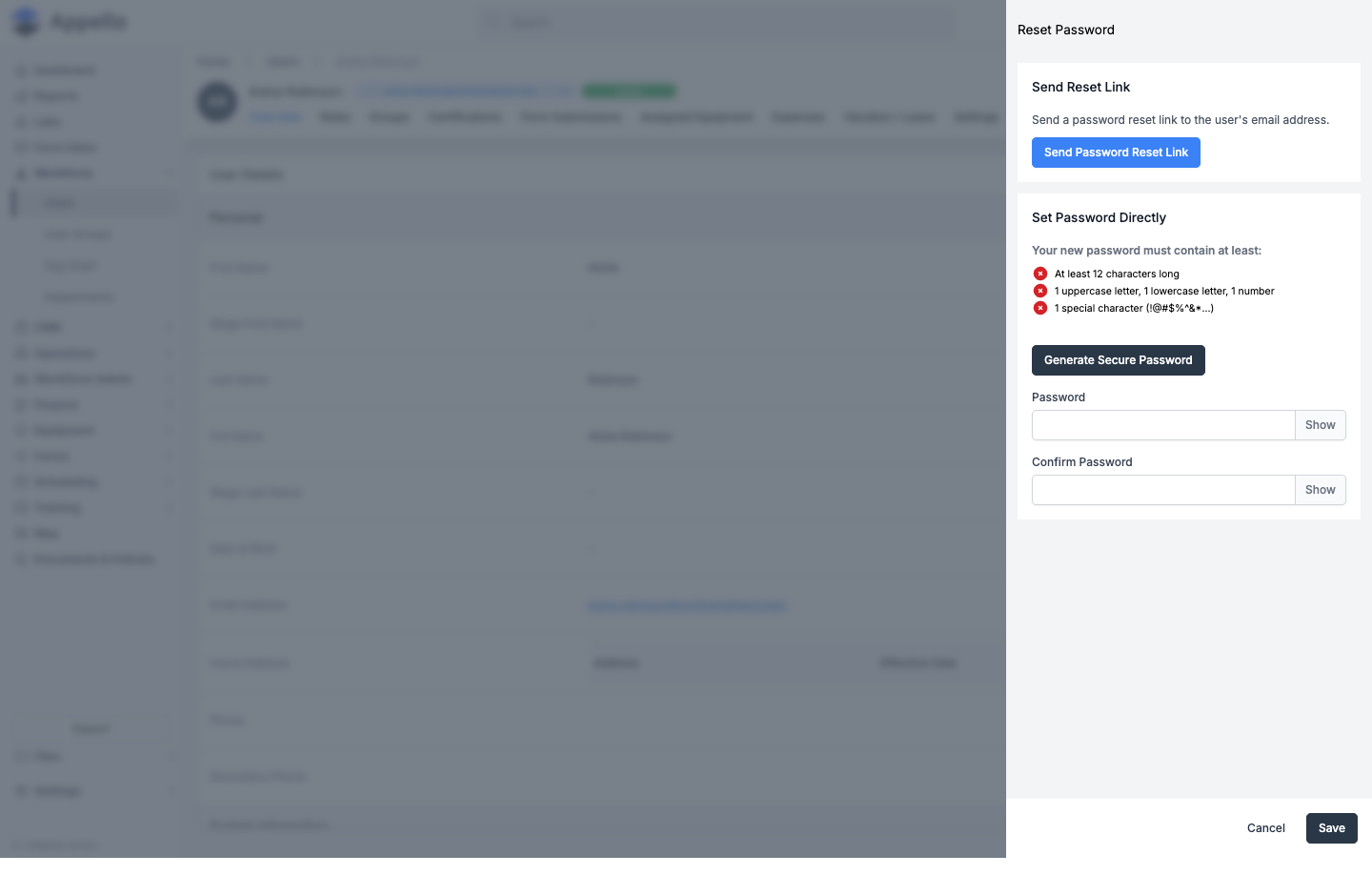 Reset Password panel with Send Reset Link and Set Password Directly