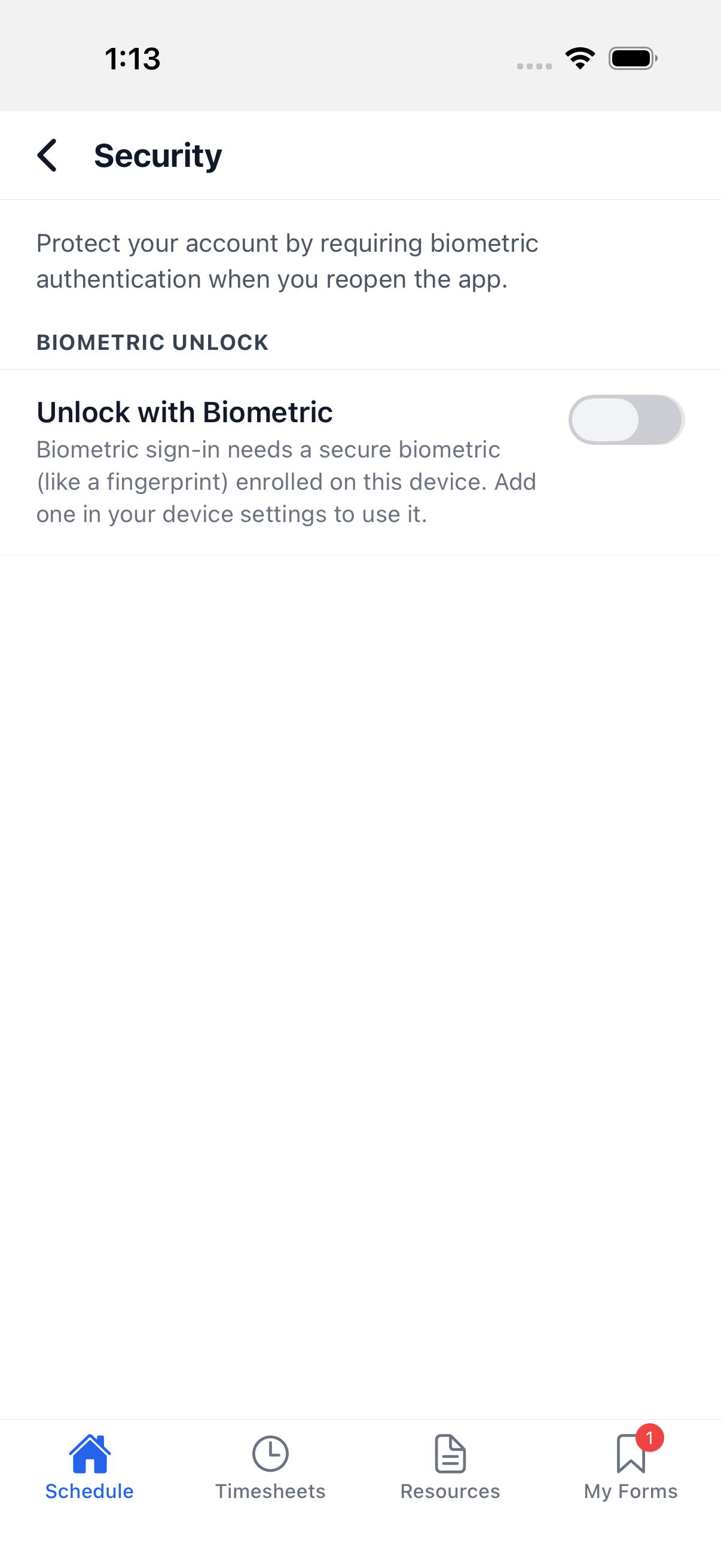 Security screen showing a single Unlock with Biometric toggle