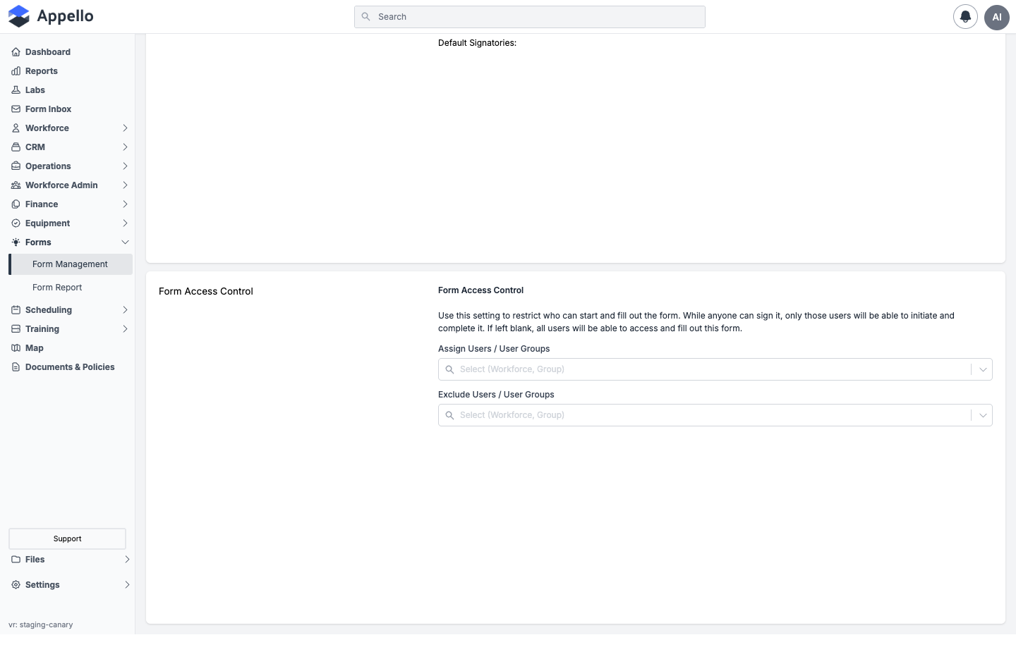 Form Access Control card on the Settings tab, with Assign Users / User Groups and Exclude Users / User Groups fields