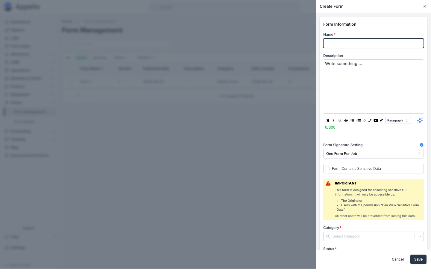Create Form panel showing Name, Description, Form Signature Setting, Form Contains Sensitive Data, and Category