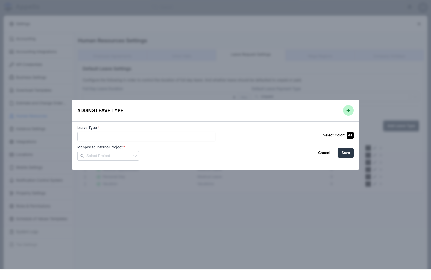Adding Leave Type panel with Leave Type name, color picker, and Mapped to Internal Project fields