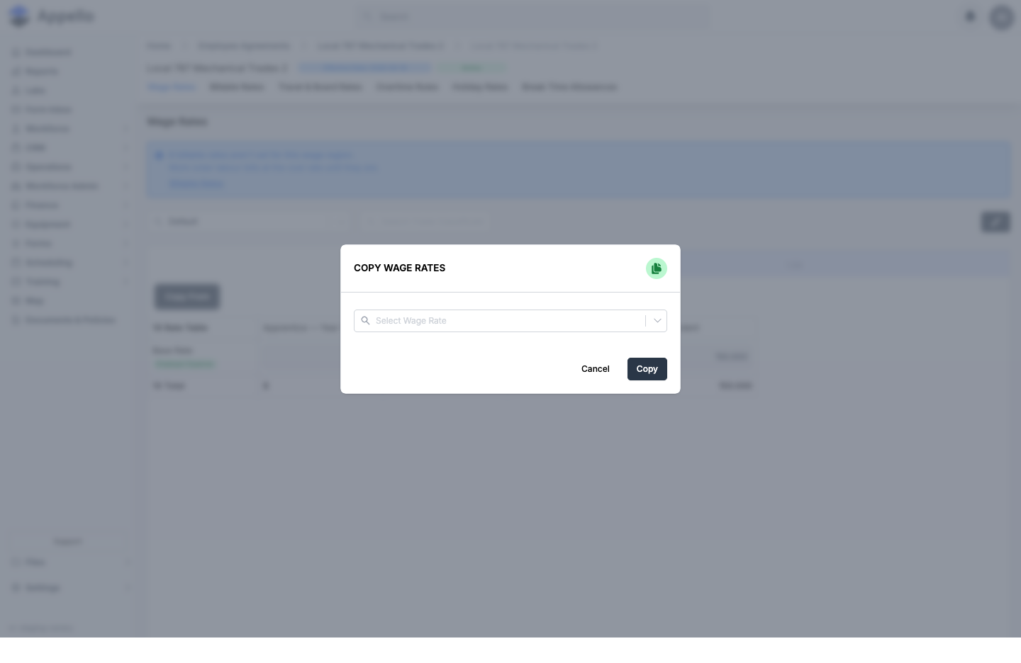 Copy Wage Rates flyout with a Select Wage Rate combobox