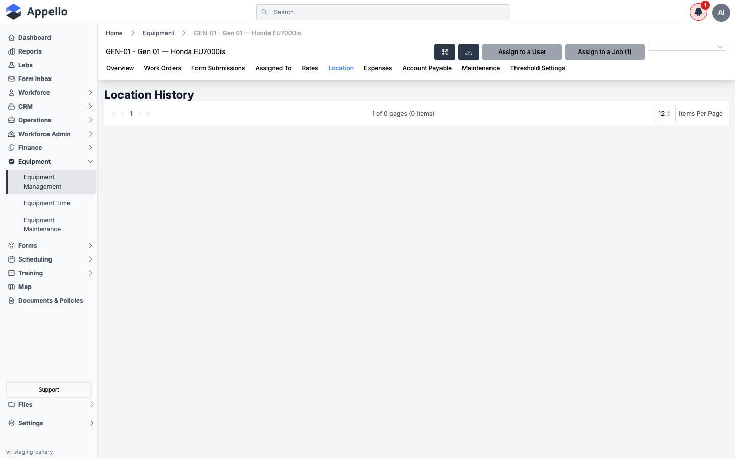Location History tab, shown empty on the demo instance