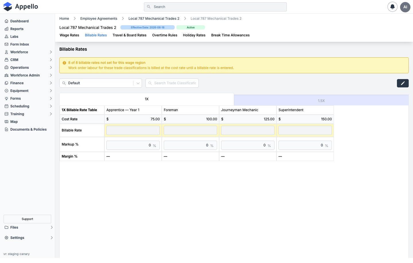 Billable Rates tab for a contract, showing Cost Rate, Billable Rate, Markup percent, and Margin percent rows, with a warning banner that all billable rates are unset
