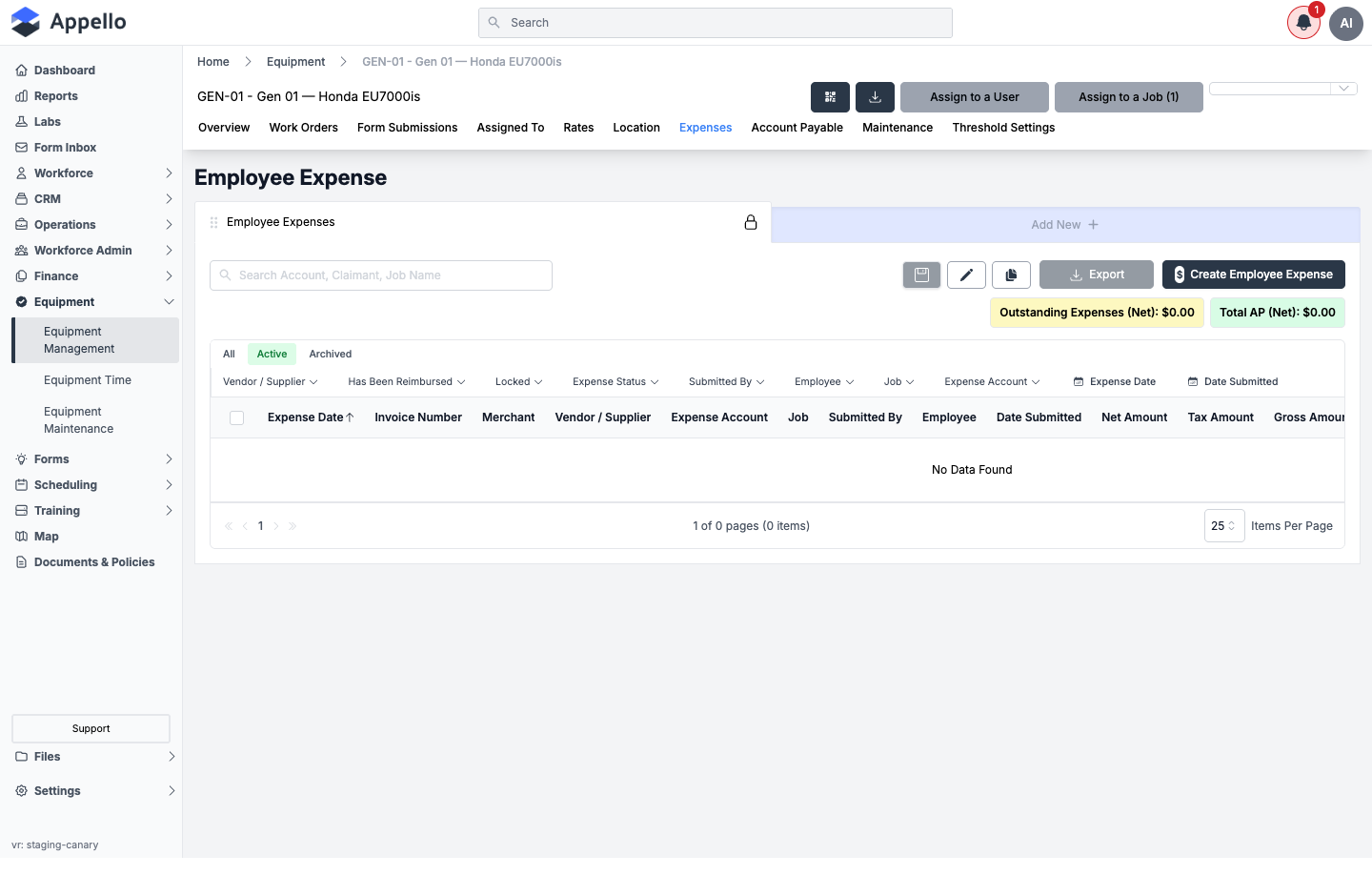 Employee Expense tab, shown empty on the demo instance