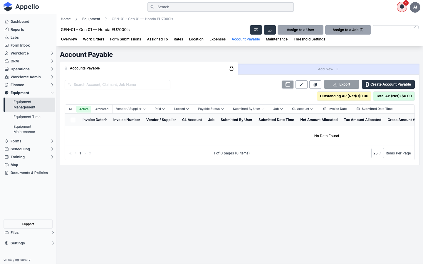 Accounts Payable tab, shown empty on the demo instance