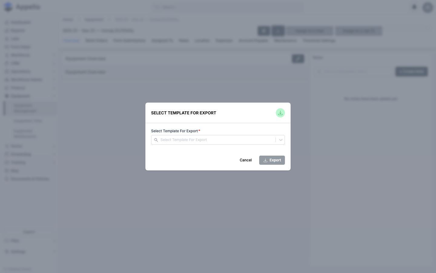 Select Template For Export picker opened from an equipment record's Download button, with the template dropdown empty and Export disabled until a template is chosen