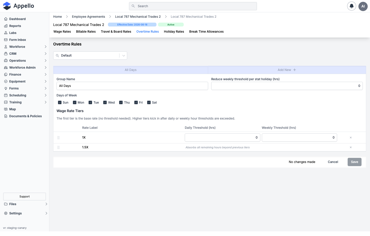 Overtime Rules tab in edit mode, showing the Group Name, stat holiday reduction field, Days of Week checkboxes, and an editable Wage Rate Tiers table