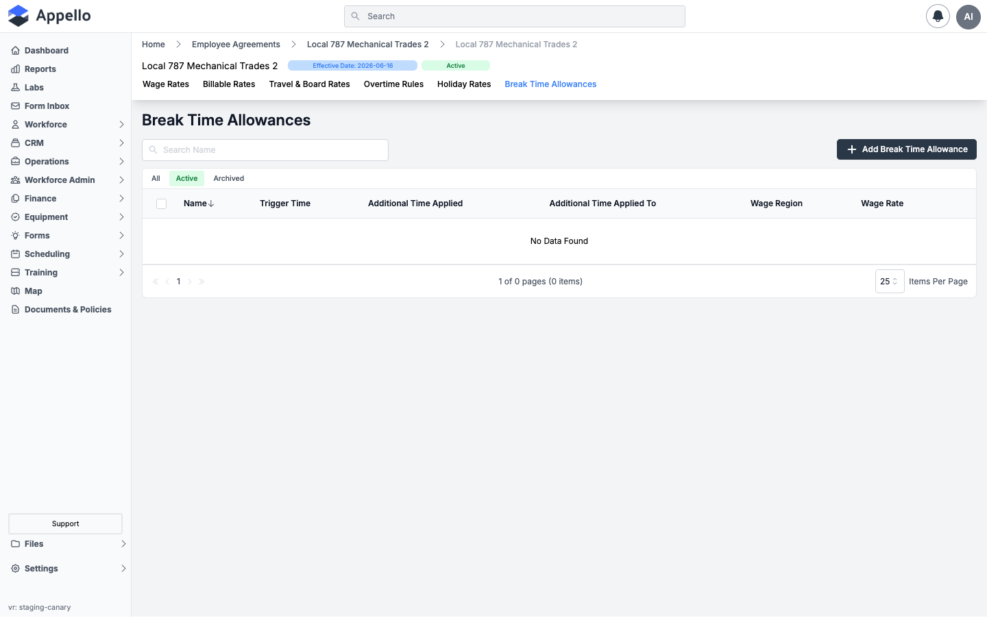 Break Time Allowances tab on a contract, empty state, with an Add Break Time Allowance button