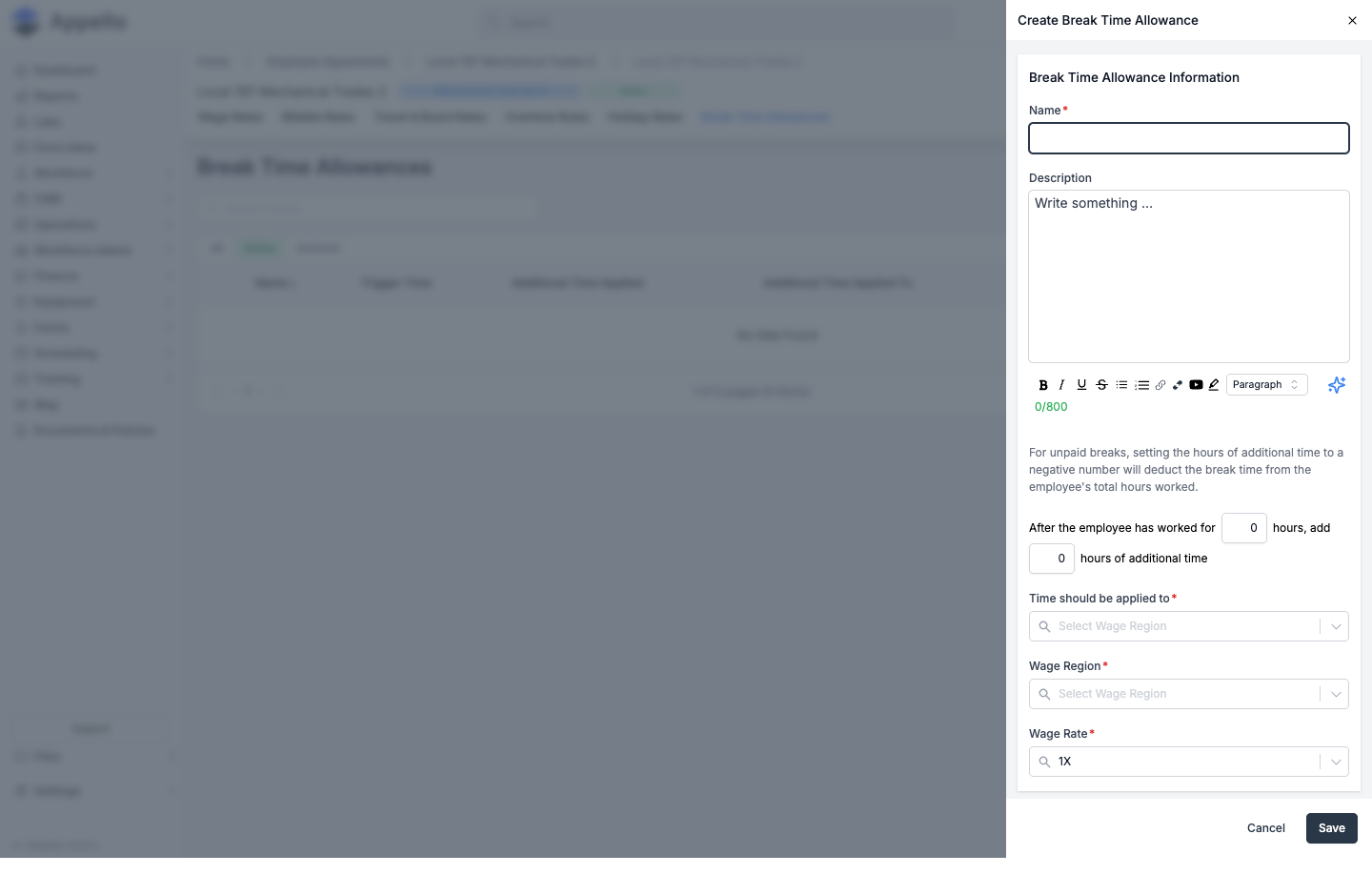 Create Break Time Allowance flyout with Name, Description, trigger-hours sentence, Assignment, Wage Region, and Wage Rate fields