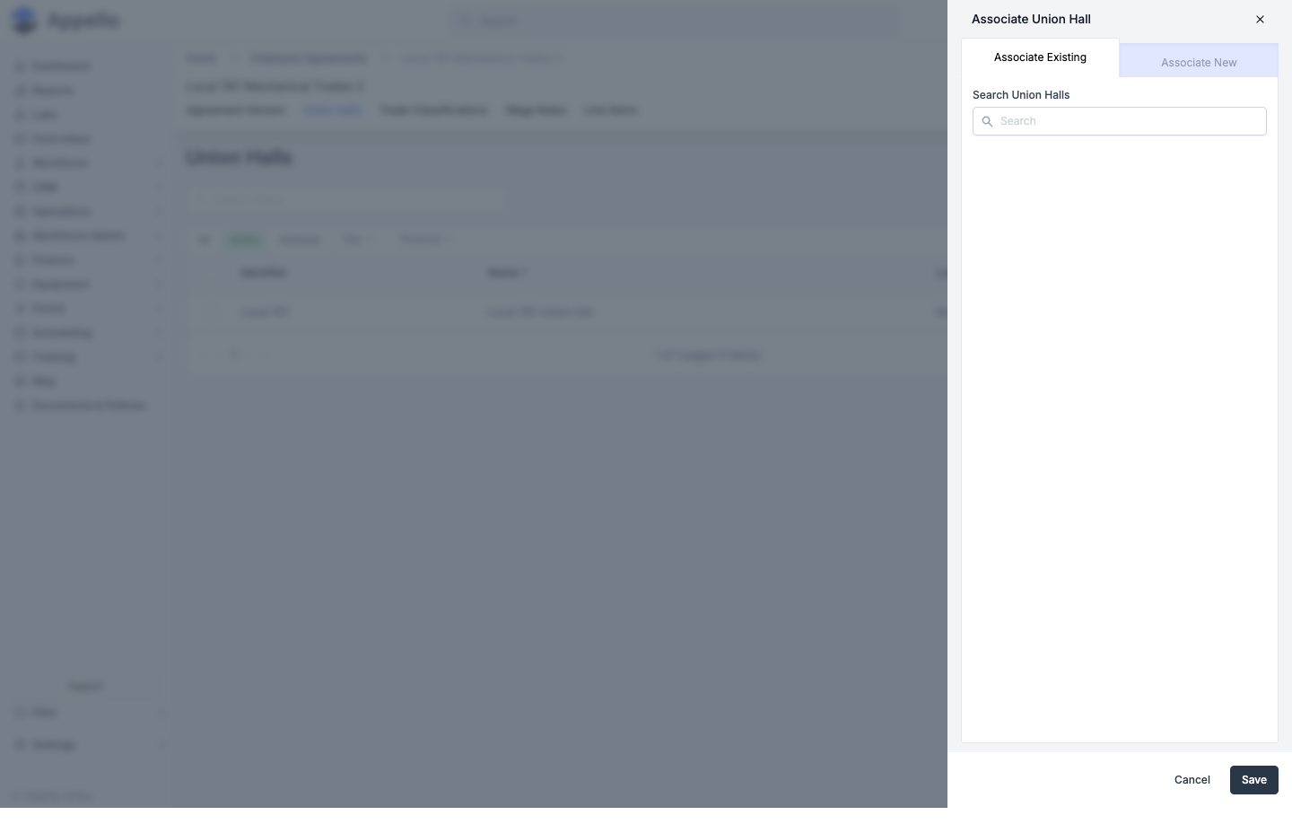 Associate Union Hall flyout, Associate Existing tab, with a Search Union Halls field