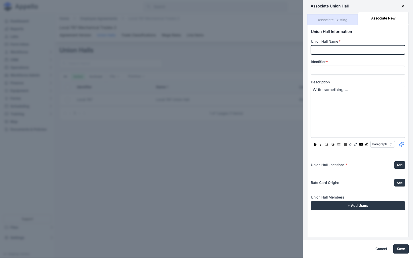 Associate Union Hall flyout, Associate New tab, showing the full Create Union Hall form