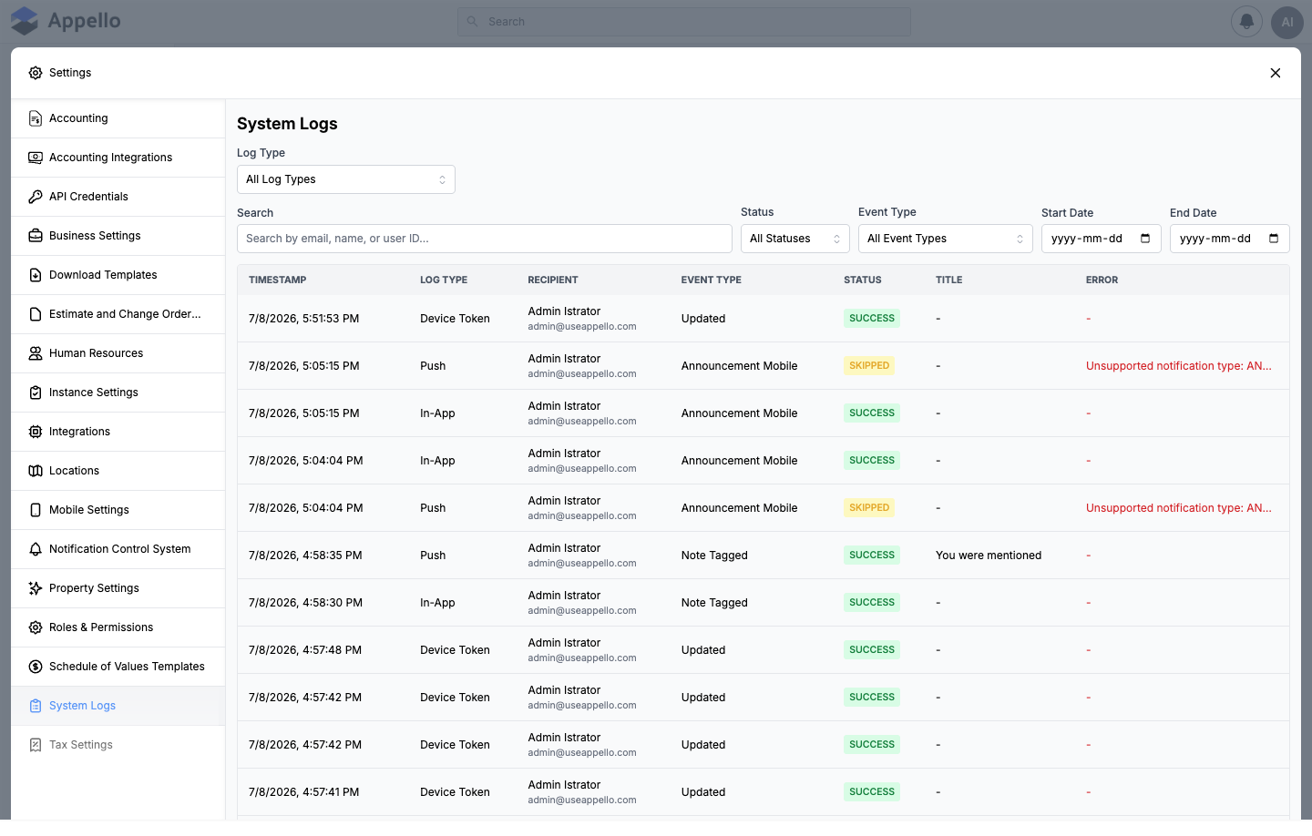 System Logs — All Log Types, showing Push, In-App, and Device Token entries mixed together with a Log Type column, shown as the demo instance's actual history