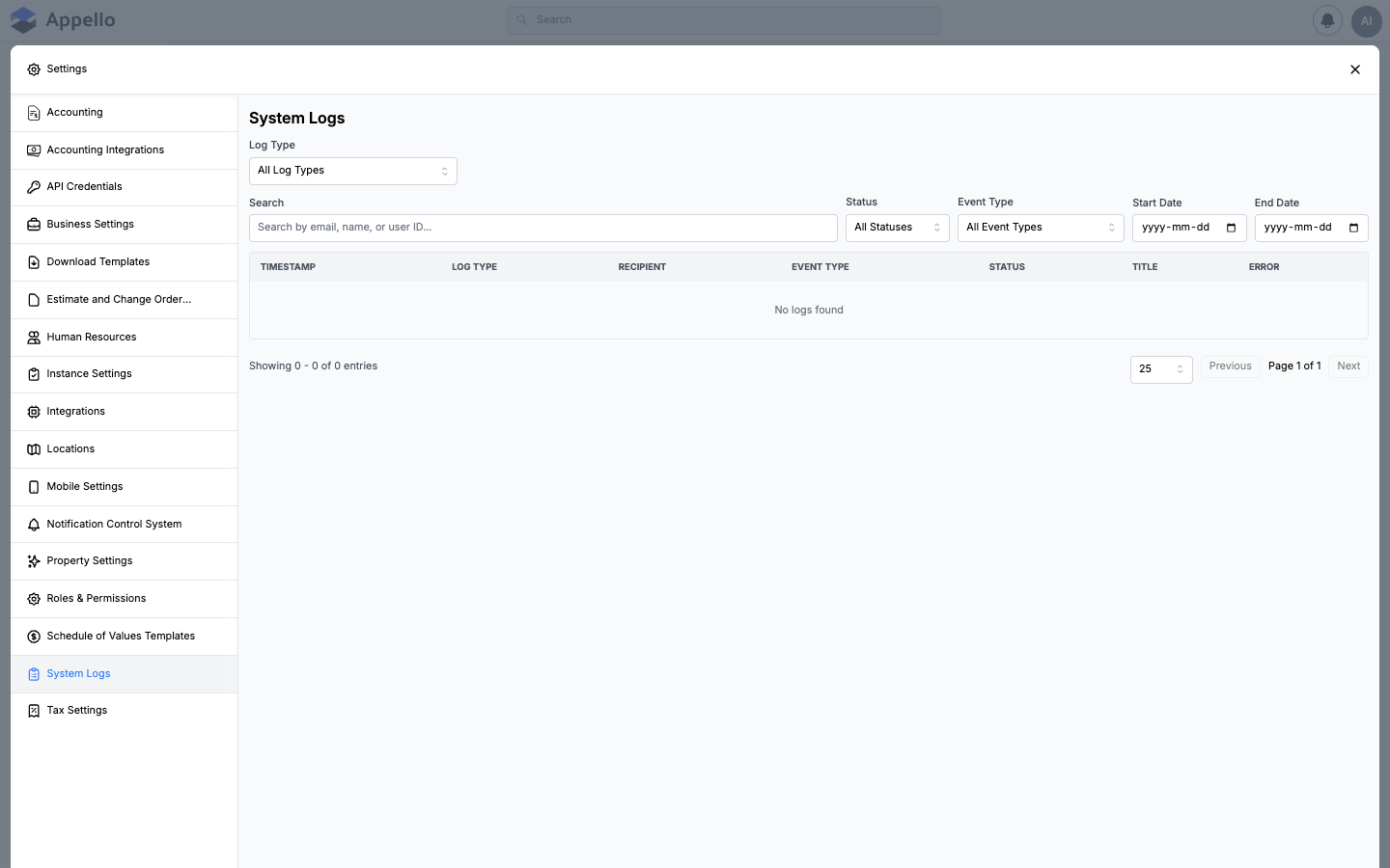 System Logs — audit trail of user actions, API calls, and system events with timestamps