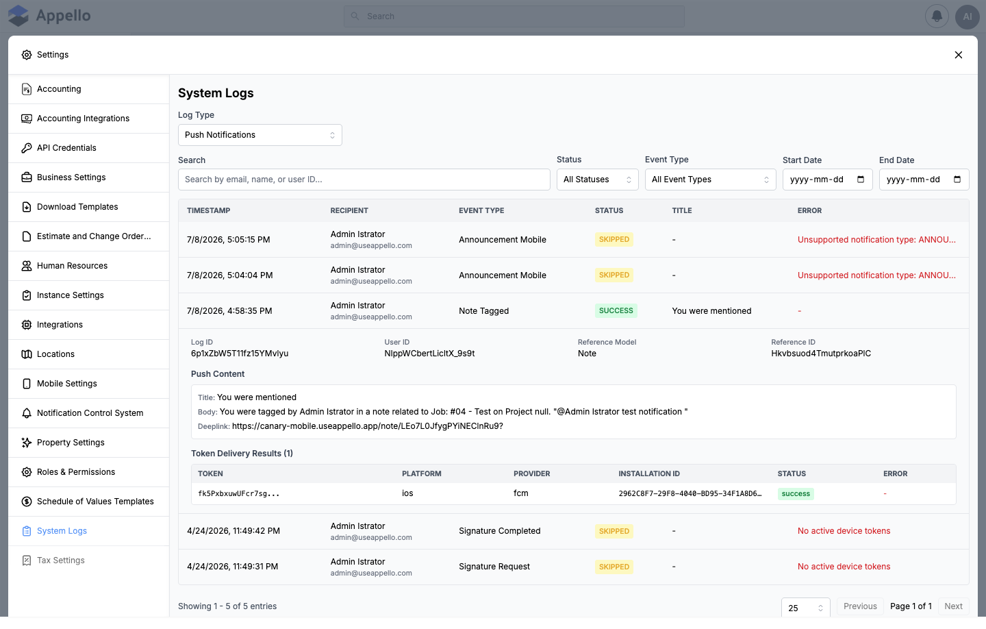 System Logs — an expanded Push Notification row showing Log ID, Reference Model/ID, Push Content (Title/Body/Deeplink), and a one-row Token Delivery Results table