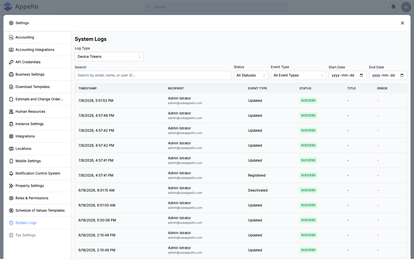 System Logs — Device Tokens, showing Registered, Updated, and Deactivated events