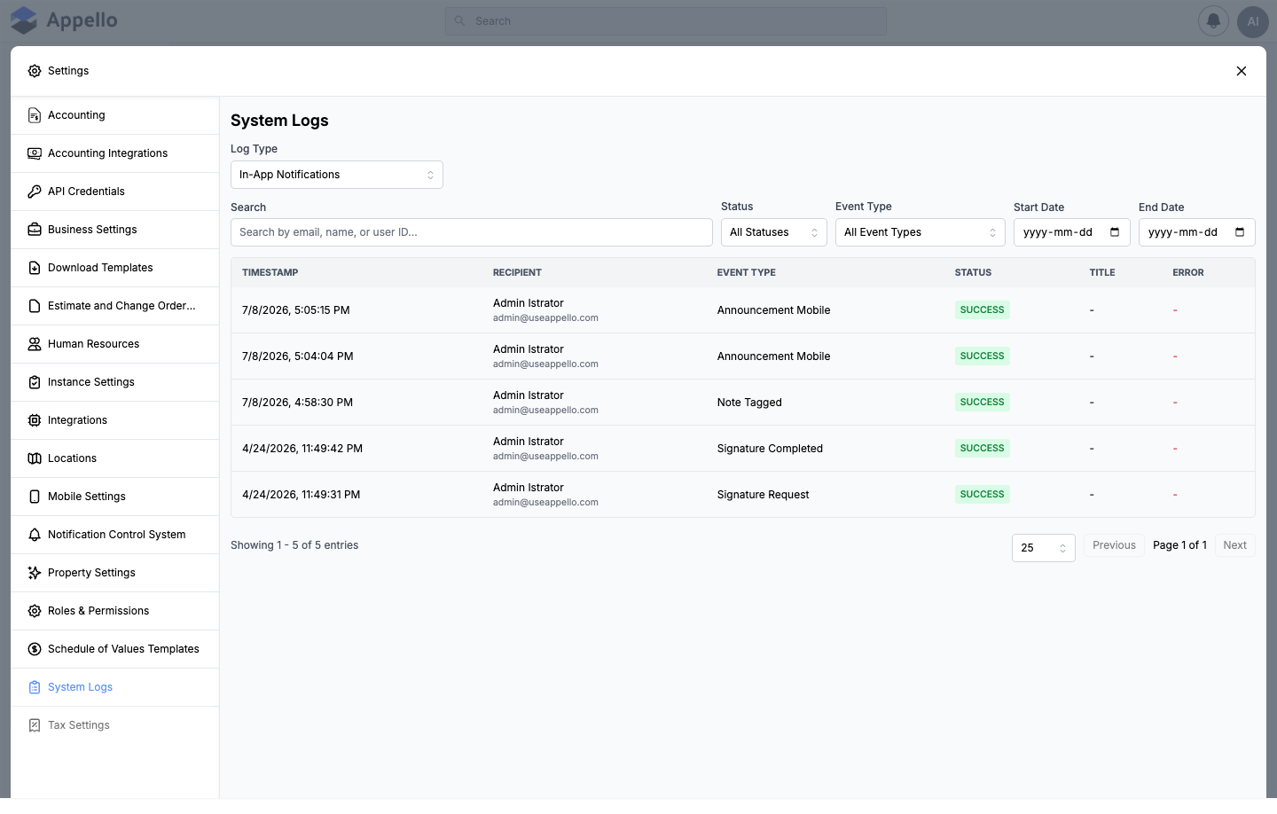 System Logs — In-App Notifications, all entries SUCCESS