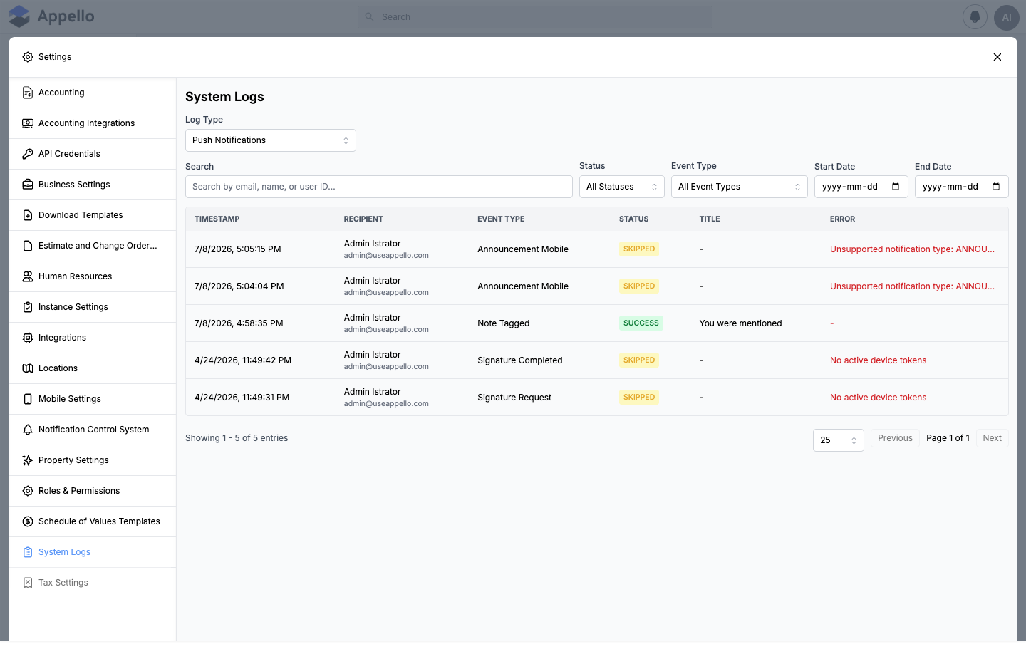 System Logs — Push Notifications, including a SKIPPED entry with "No active device tokens" and SKIPPED entries with "Unsupported notification type"