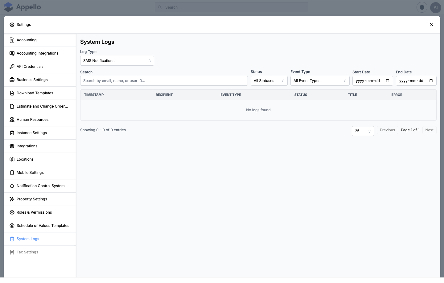 System Logs — SMS Notifications, shown empty on the demo instance (no logs found)
