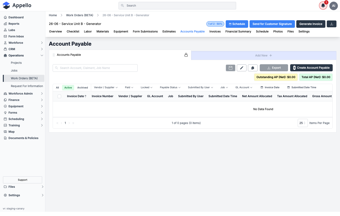 Accounts Payable tab, empty