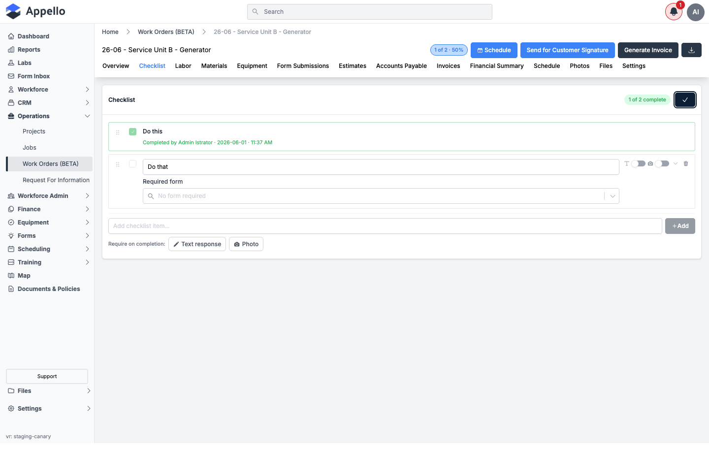 Checklist tab in edit mode