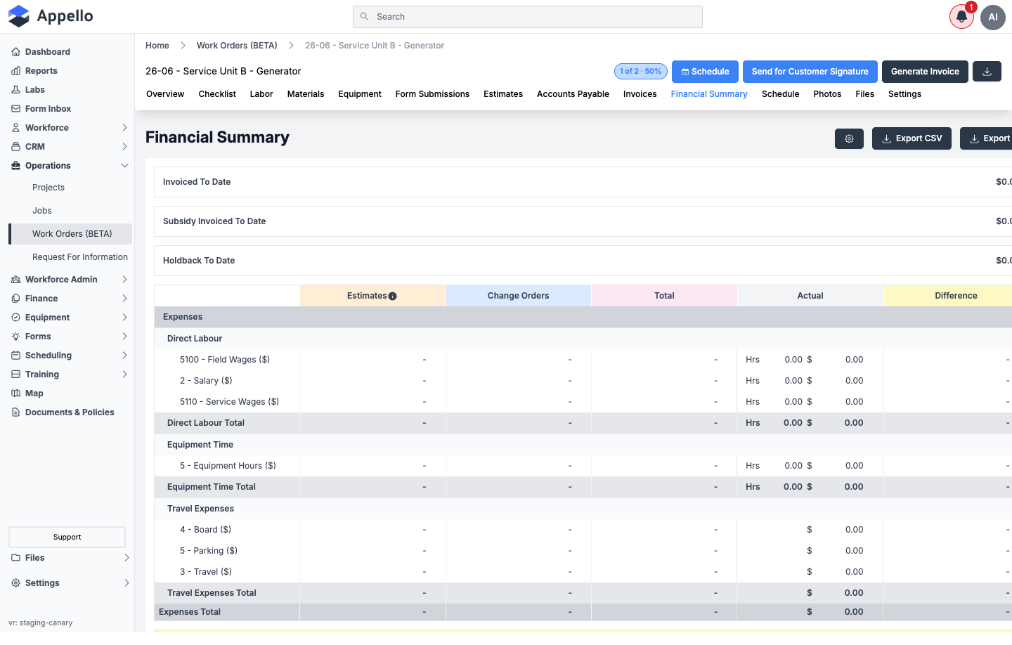 Financial Summary tab