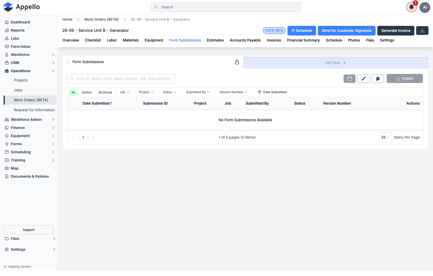 Form Submissions tab, empty
