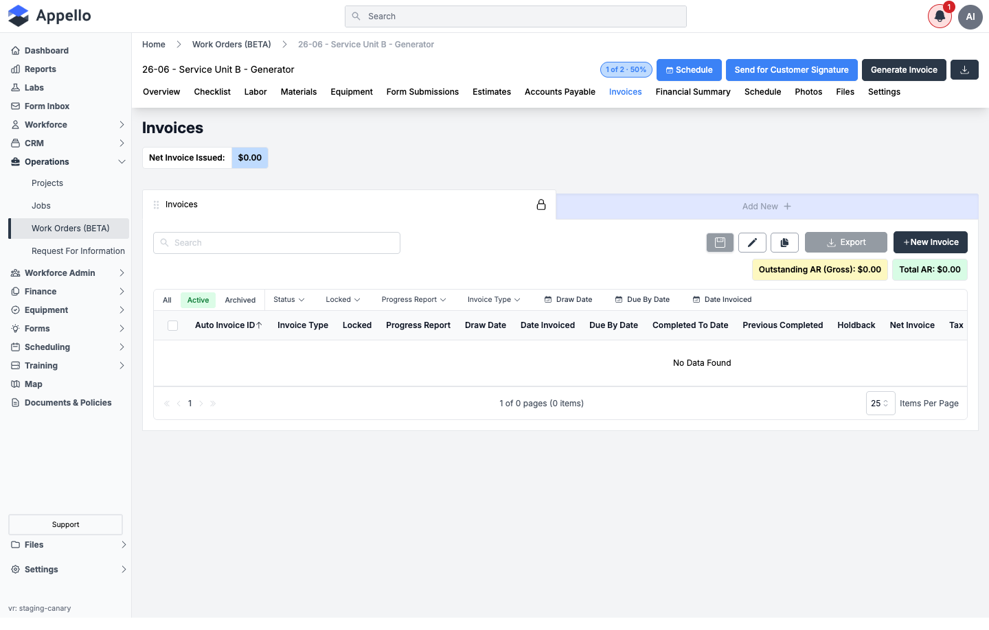 Invoices tab, empty