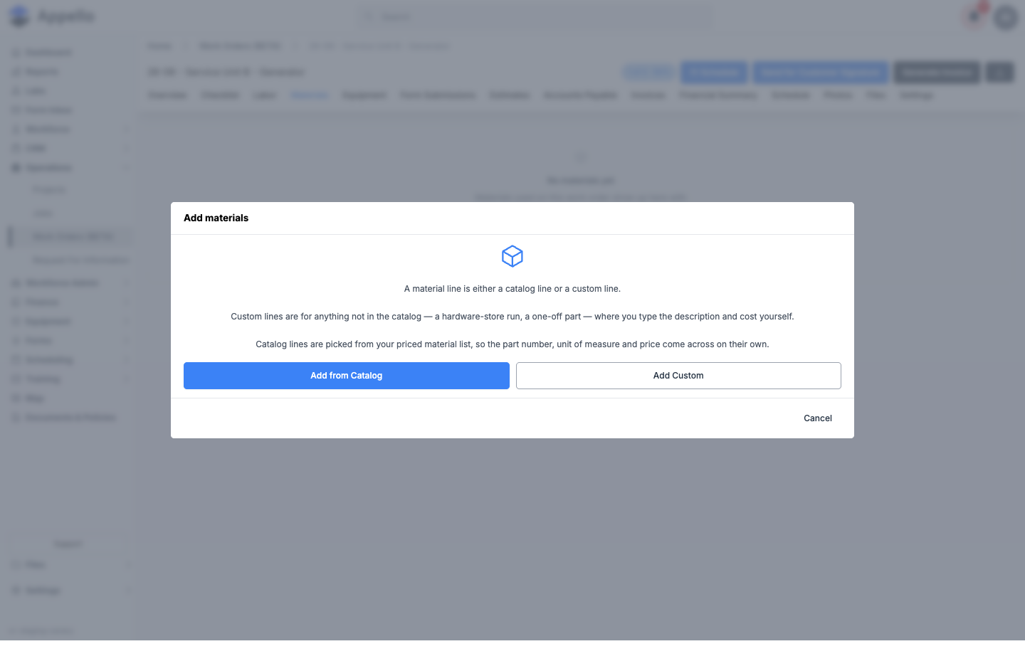 Add materials modal