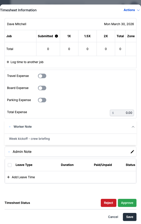 Timesheet slideout — showing worker name, date, job breakdown, expenses, notes, and approval actions